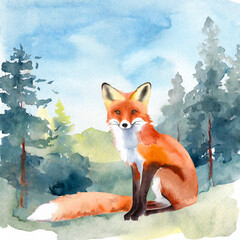 Namalowany lis w lesie ilustracja - obrazy, fototapety, plakaty