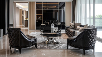 A chic TV lounge in monochrome style, showcasing a dark leather chair with chevron details and a glass table.