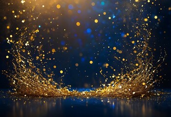 A mesmerizing abstract canvas featuring a dark blue void scattered with golden, star-like particles. Ethereal blue and gold light bursts blur with a bokeh effect, a subtle gold foil texture - obrazy, fototapety, plakaty