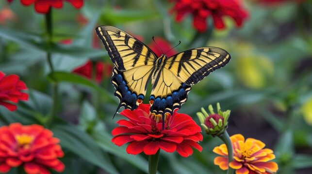 A common yellow swallowtail butterfly in a patch of red zinnias, adding life to the summer garden.