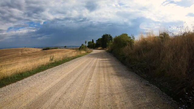Via Francigena - gravel road on the way to Torrenieri, Montalcino, Province of Siena, Tuscany, Italy