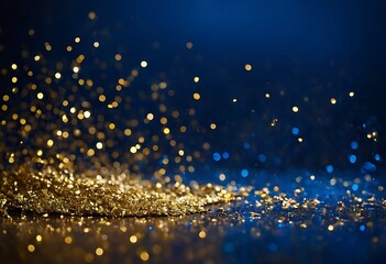 A luxurious abstract background awash in deep navy blue. Golden, twinkling particles dance across the scene, some with a soft blue glow. Delicate gold foil - obrazy, fototapety, plakaty