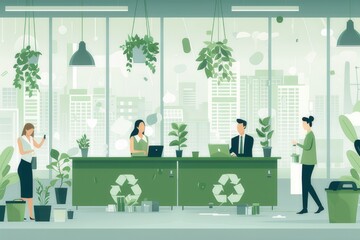 an image highlighting sustainable business practices. Show a green, eco-friendly office environment with energy-efficient features, recycling bins, and indoor plants.