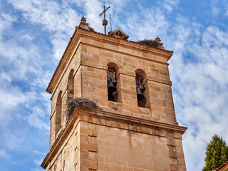 Bell tower of the Church of San Pedro (St Peter) in San Pedro de Gaíllos. Community of Sepúlveda, province of Segovia, Castilla y León, Spain, Europe