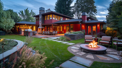 A craftsman style house in a radiant ruby red, with a backyard featuring a luxurious outdoor kitchen and a sandstone sidewalk that leads to a cozy fire circle.  - obrazy, fototapety, plakaty