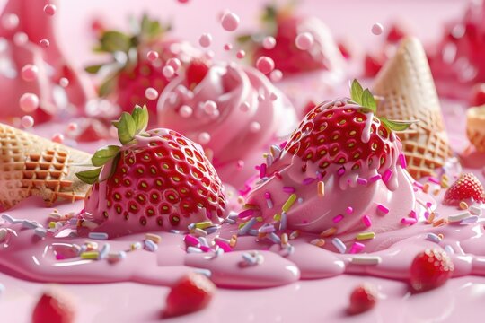 Ice Cream Melt on Wafer Background with Sprinkles. 3D Rendered Illustration of Strawberry and Vanilla Candy on Crisp Pink Waffle Surface