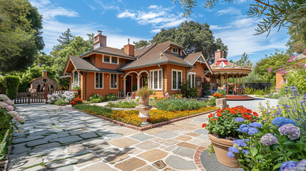 A craftsman style house painted in a warm cinnamon, with a backyard that hosts a vintage carousel and a cobblestone sidewalk lined with seasonal flowers - obrazy, fototapety, plakaty