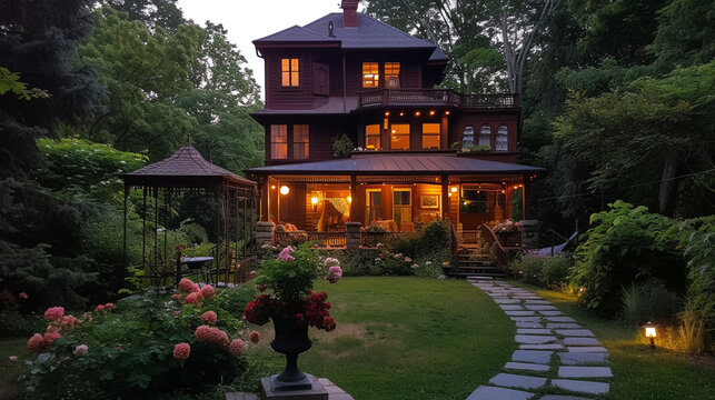 A craftsman style house in a deep chestnut brown, with a backyard that includes an antique wrought iron gazebo and a bluestone sidewalk flanked by heirloom roses. 