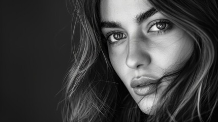 Fototapeta premium portrait of a beautiful woman with a long hair, black and white, real life photo, professional photo