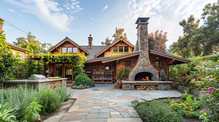 Fototapeta na wymiar A craftsman style house in a rich caramel, with a backyard including a wood-fired pizza oven and a flagstone sidewalk surrounded by edible landscaping. 