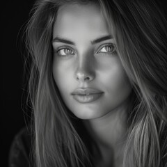 portrait of a beautiful woman with a long hair, black and white, real life photo, professional photo 