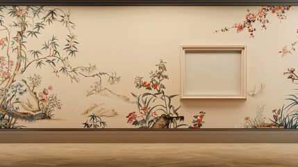 A gallery space presents an empty wall frame mockup against a wall adorned with a delicate, hand-painted chinoiserie mural. 