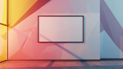 A gallery with an empty wall frame mockup positioned on a wall that uses 3D geometric shapes to...