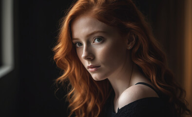 Fototapeta na wymiar Portrait of a beautiful red-haired model, a ginger model with a face of beauty and red hair, noir, contrast, color paint, multiple colors , detailed