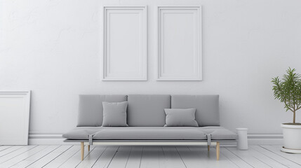 A minimalist room with a Scandinavian gray sofa and empty white frames for a personalized touch.