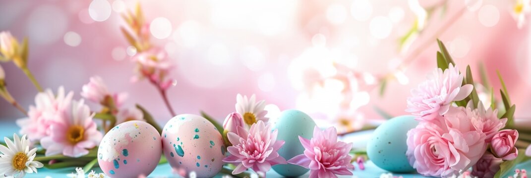 a bunch of flowers and eggs on a table with a pink background