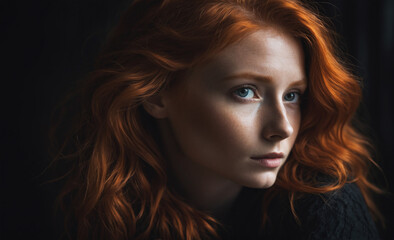 Naklejka premium Portrait of a beautiful red-haired model, a ginger model with a face of beauty and red hair, noir, contrast, color paint, multiple colors , detailed