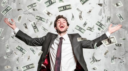Professional Triumph and Financial Victory, Young Man Celebrating with Money Falling