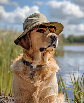 Labrador Retriever dog with hat and glasses