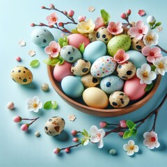 Fototapeta na wymiar colorful small easter eggs with flowering branches on a light blue background with copy space - easter card background - spring design element