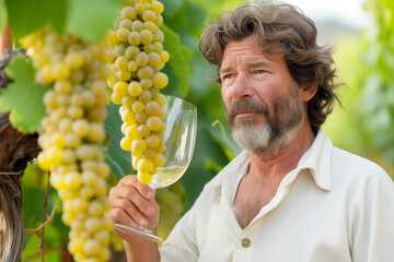 Senior man tasting white wine in vineyard in summer, winemaking concept