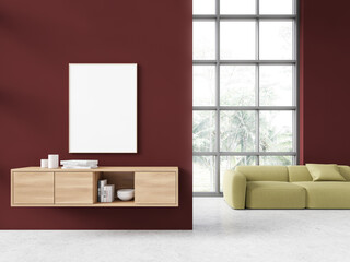 Red living room interior with dresser and poster