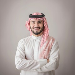 Young smiling Arabian Saudi man with arms crossed in front of white background
