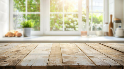 Wooden texture table top on blurred kitchen 