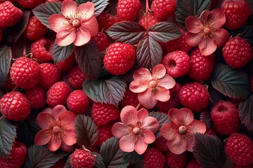 Fresh raspberries and pink flowers as a background. Top view. Generative AI