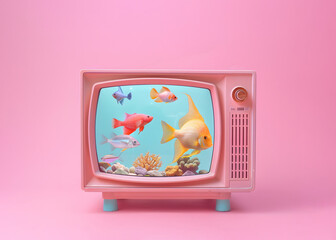 vintage tv set, aquarium with tropical fishes on the screen, retro aesthetic, 50s nostalgia - obrazy, fototapety, plakaty