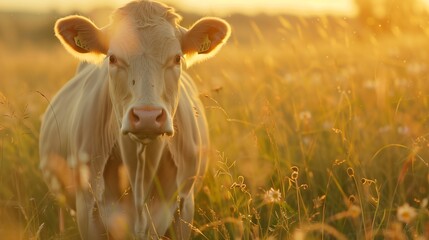 Close-up of a cow standing in a field, surrounded by tall grass and wildflowers