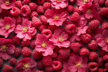 Fresh raspberries and pink flowers as a background. Top view. Generative AI