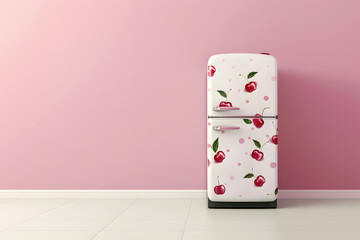 Vintage refrigerator, cherry pattern, aesthetic pastel pink kitchen, retro style.