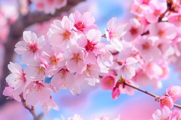 Obraz premium Spring banner, branches of blossoming cherry against background of blue sky and butterflies on nature outdoors. Pink sakura flowers. Generative AI