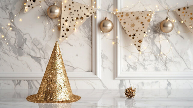 A festive, gold glitter-dusted party hat beside a matching, sparkly birthday banner, all set on a clean, white surface for a chic celebration.