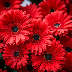 Vibrant red gerberas with fresh dewdrops, ideal for greeting cards and floral business advertising. Perfect for spring-themed displays in retail and events.