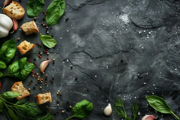 Dark Stone Background with Bulbs, Croutons, Garlic, Dill, Peppercorns, Spinach and Salt. Dark Slate Frame