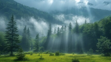Sunlight pierces through a misty forest, creating a magical and serene landscape.