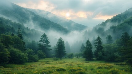 A serene and mystical scene of a foggy forest at dawn with sunlight piercing through.