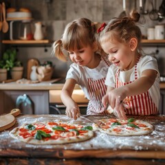 Obraz na płótnie Canvas Making Pizza with Happy Children, Fun Cooking Pizza Together in Modern Home, Copy Space