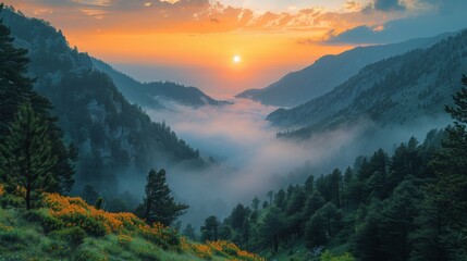 Sunset Glow Over Misty Mountain Forest Landscape.