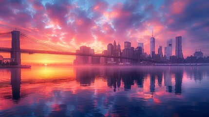 Vibrant Sunset Over City Skyline with Reflections on Water.