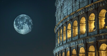 Moonlit Night Over The Majestic Roman Colosseum. - obrazy, fototapety, plakaty