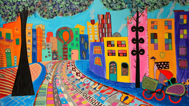 A playful, abstract cityscape painting with patterned streets, colorful buildings, and whimsical details, featuring a bicycle in the foreground.
