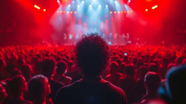 the back of a person's head in front of a crowd of people on a stage with red and blue lights.