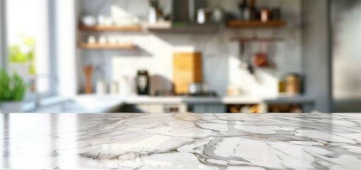 White marble tabletop in modern kitchen as a showcase display platform for goods and products - obrazy, fototapety, plakaty