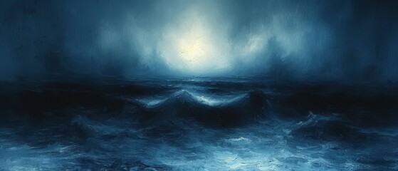a painting of a large body of water in the middle of a large body of water with a light at the end of it.