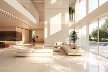 Fototapeta premium Luxurious open-plan living room with floor-to-ceiling windows and modern furnishings. Contemporary interior design with a focus on space and light, generative ai