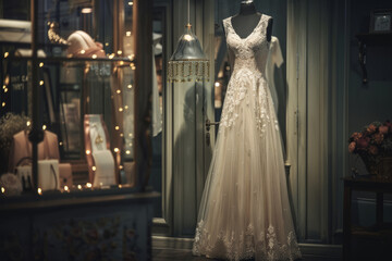 Elegant white wedding gown displayed in a boutique. Romantic ambiance in soft lighting. Generative AI