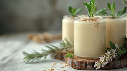 Obraz na płótnie Canvas homemade yogurt served on glass jars on white rustic table